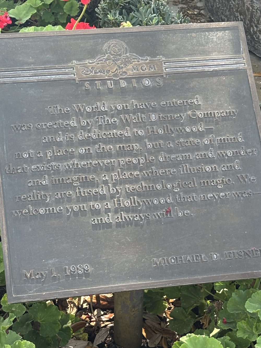 Dedication to MGM Studios by Michael Eisner, May 1, 1989