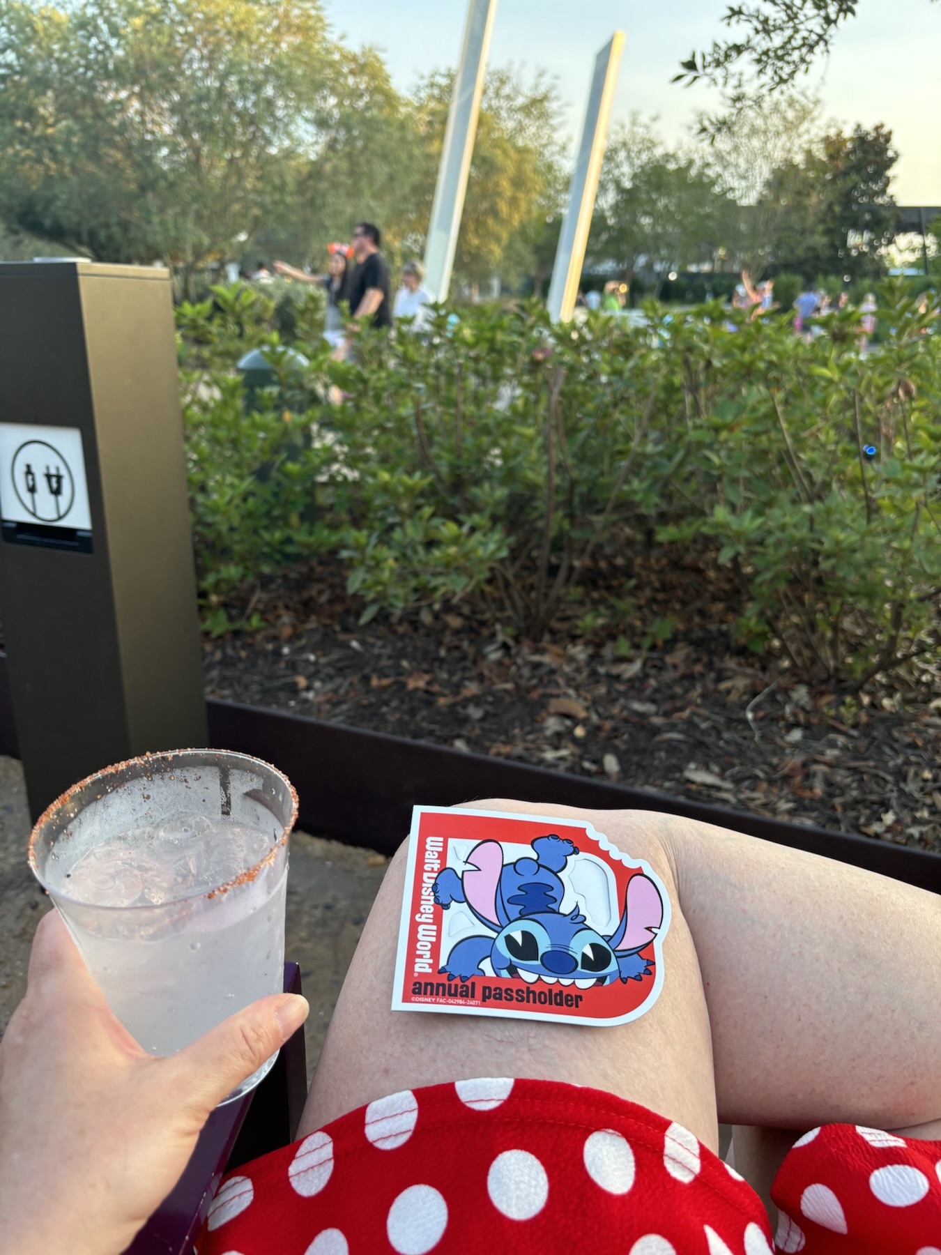 Relaxing in an Adirondak chair with a charging station nearby at EPCOT