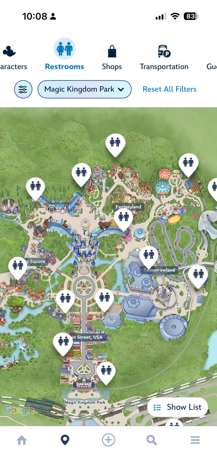 Restroom Map Filter at Magic Kingdom