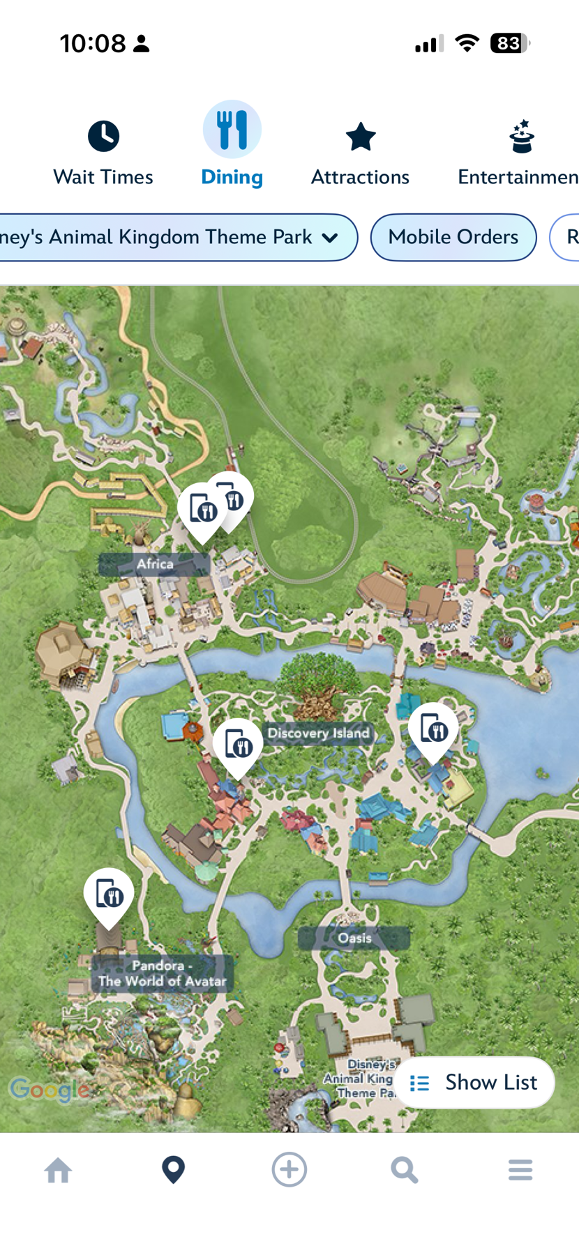 Mobile Order Map Filter at Disney's Animal Kingdom